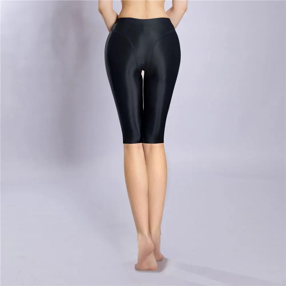 Women Shaping Short Stain Smooth Oil Glossy Shiny Elastic Shorts Sheer See Through Casual Plus Size Tight Yoga Short Maid Pant