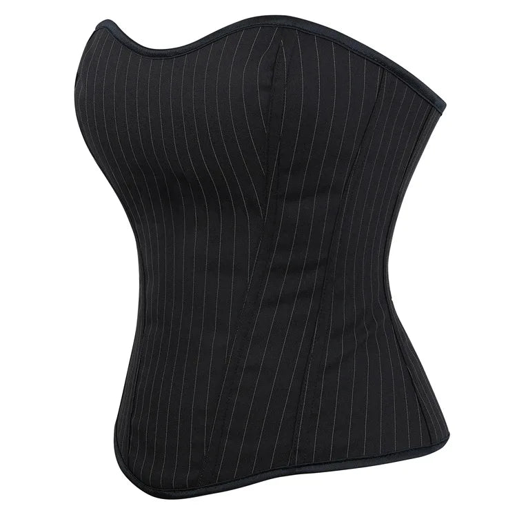 Black Striped Overbust Corset Top Zipper Front Lace-Up Bustier Body Shaper