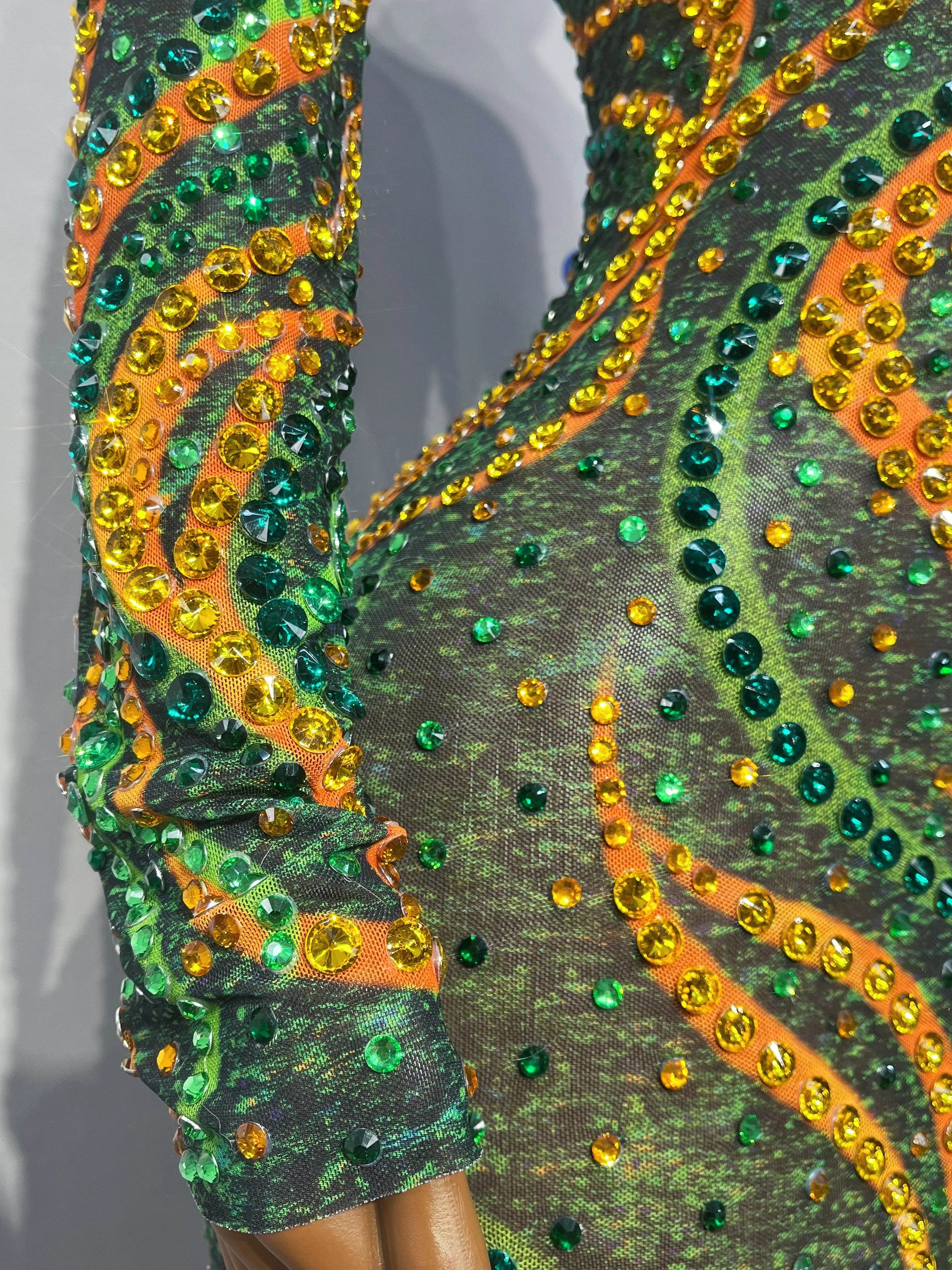 Gold & Emerald Swirl Rhinestone Illusion Maxi Gown Long Sleeve Floor-Length Evening Dress