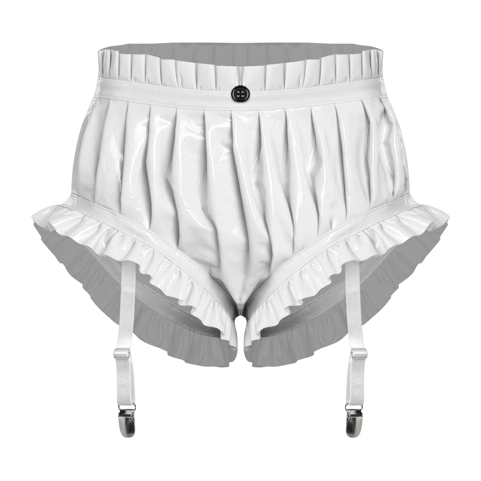 Wet-Look PU Leather Ruffled Bloomer Shorts Attached Garter Clips Briefs