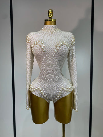 Luxury Pearl Long Sleeve Spandex Stretch Bodysuit Evening Stage Performance Costume