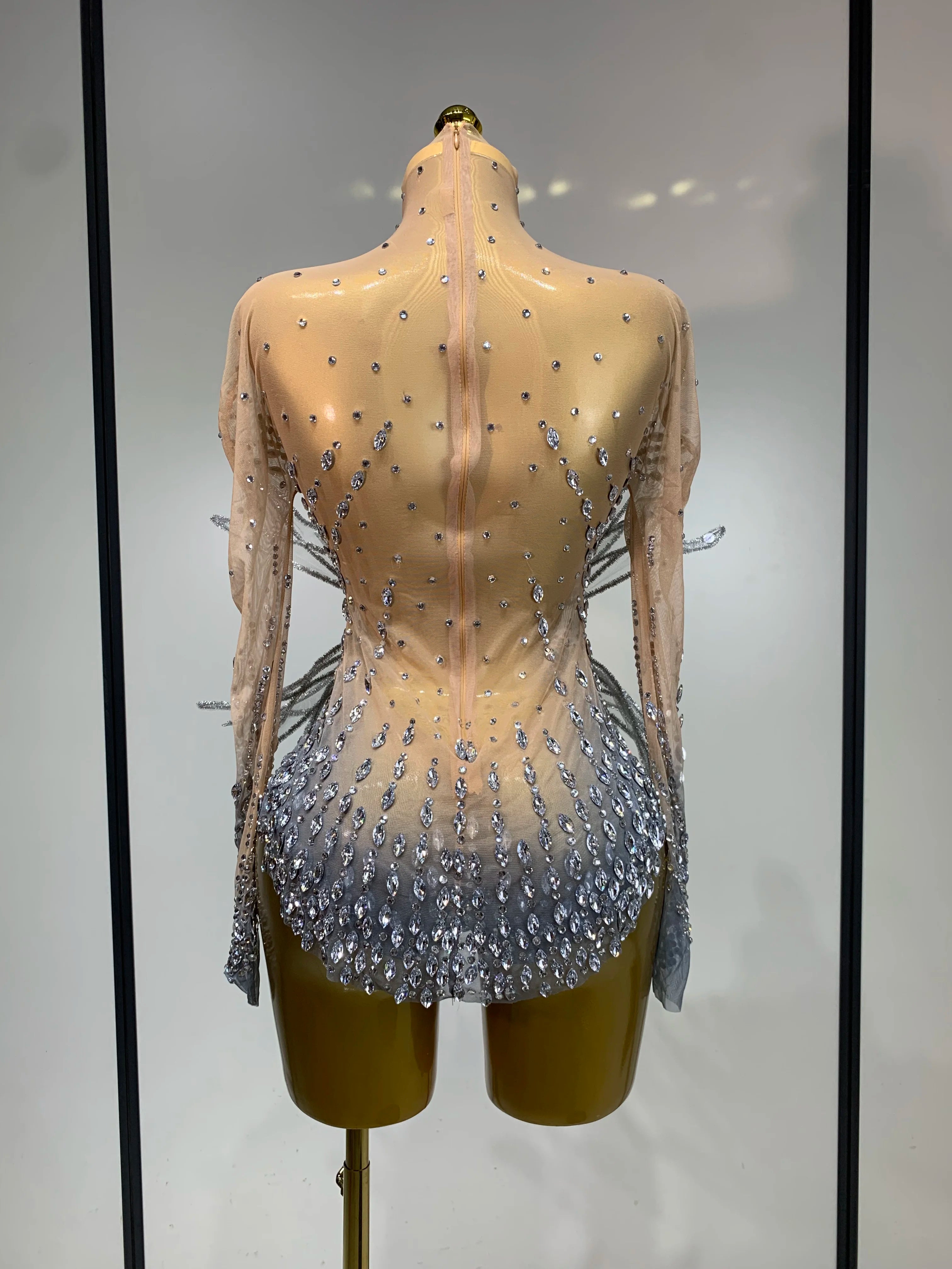 Luxury Shining Diamond See-Through Mesh Bodysuit Stage Performance Jumpsuit