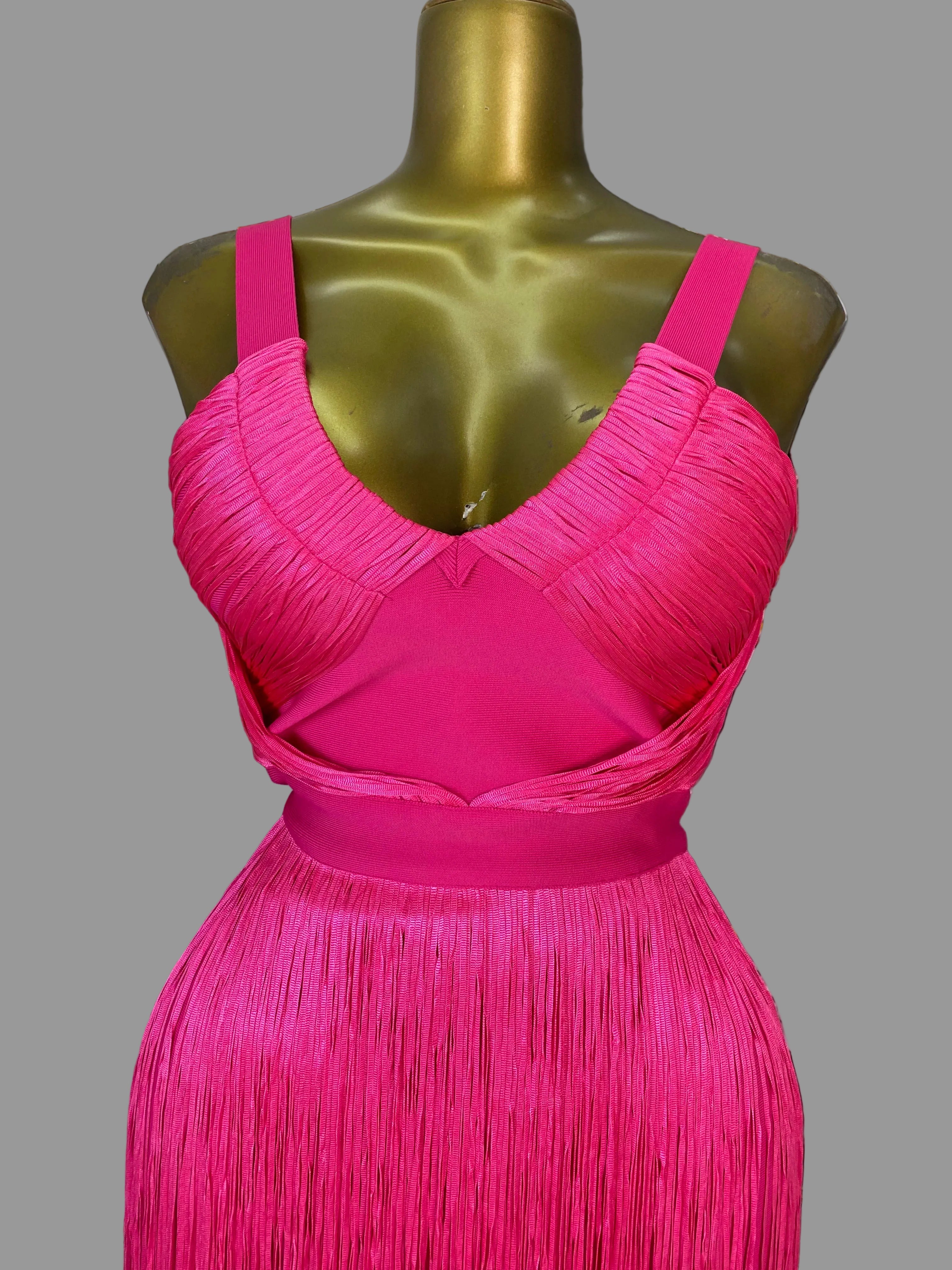 Hot Pink Asymmetrical Fringe Bandage Midi Dress & One-Shoulder Gala Party Dress
