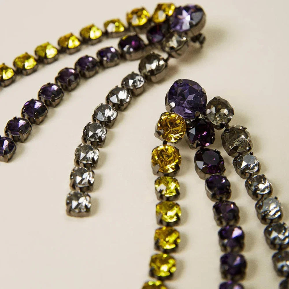 Colorful Crystal Rhinestone Long Tassel Statement Earrings Stage Performance Jewelry