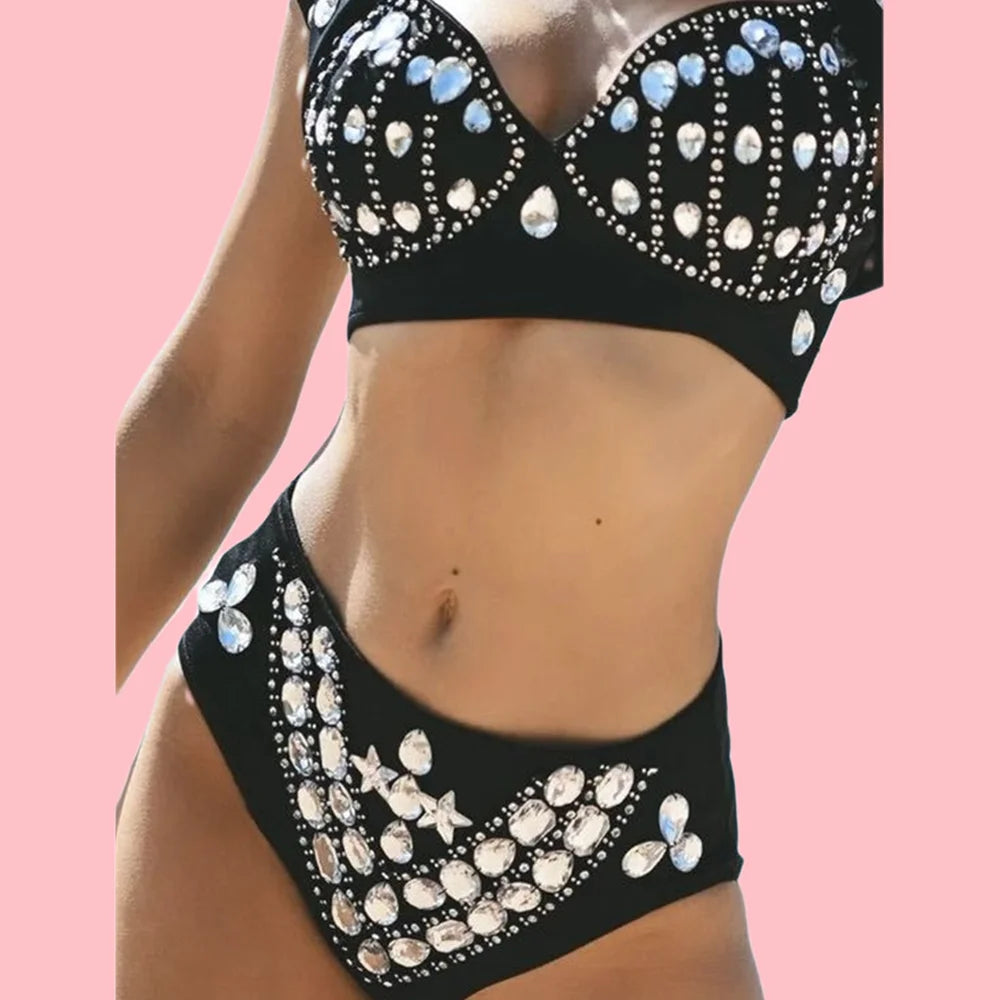 Rhinestone Bikini Bra & High-Waist Shorts 2-Piece Performance Costume Set