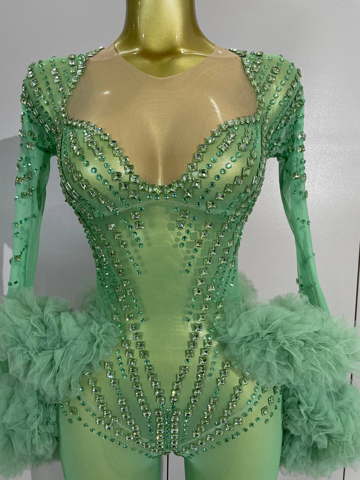 Green Rhinestone Mesh Performance Jumpsuit