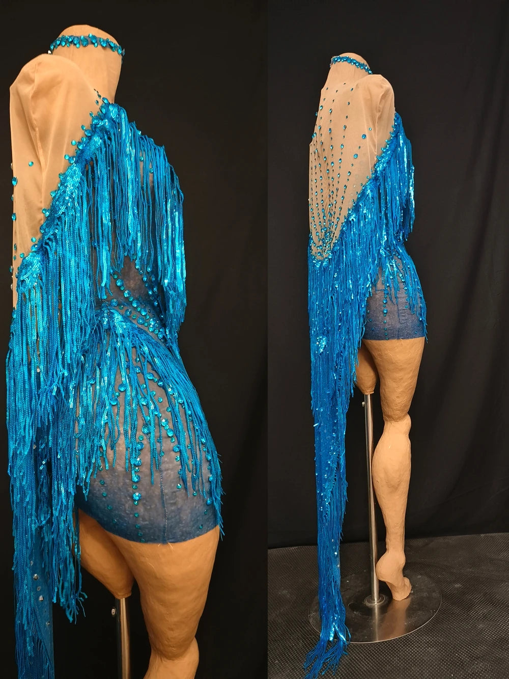 Sparkly Blue Rhinestone & Tassel Sheer Mesh Mini Dress Stage Costume
