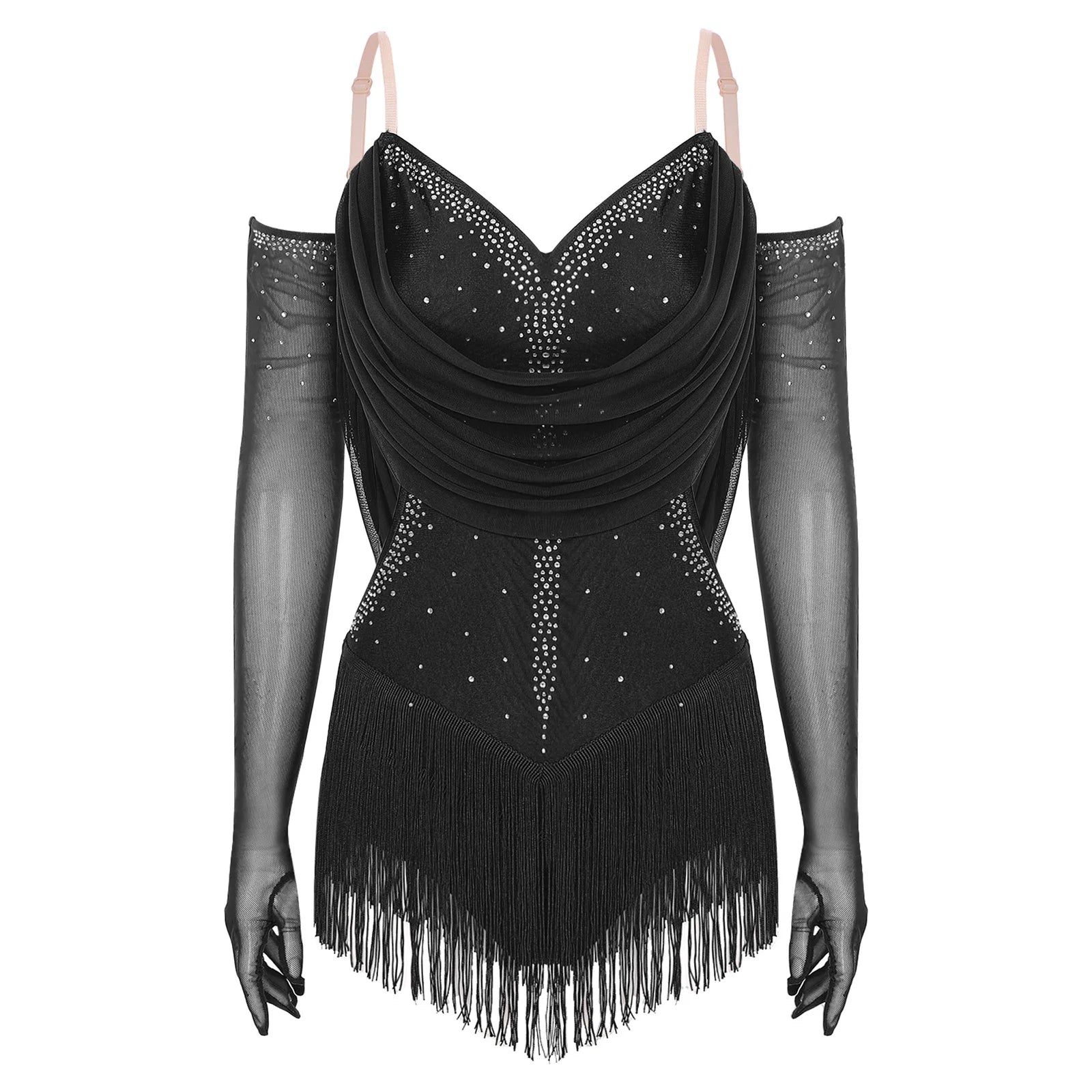 Sparkly Rhinestone & Tassel Fringe Dance Leotard with Gloves Two-Piece Stage Costume