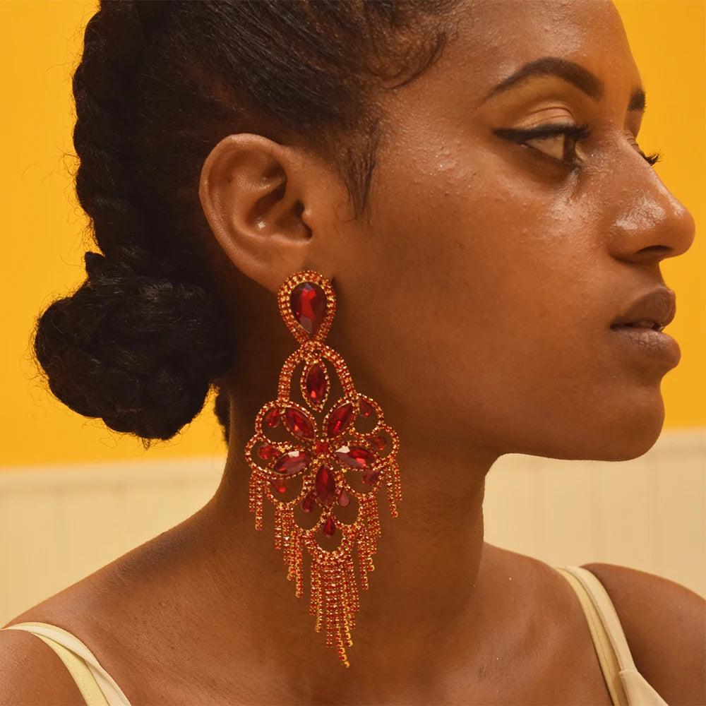 Sparkly Glass Crystal Statement Drop Earrings Stage Performance Jewelry