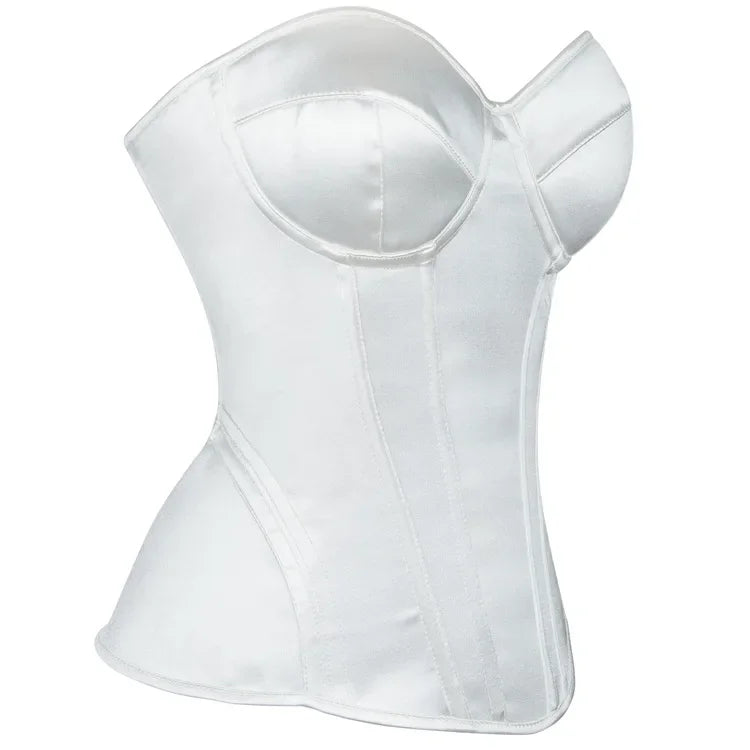 Overbust Corset Bustier Top Built-In Bra Cup Lace-Up Waist Cincher