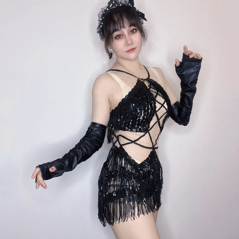 Black Sequin Cutout Fringe Mini Dress Crisscross Strappy Gogo Stage Costume