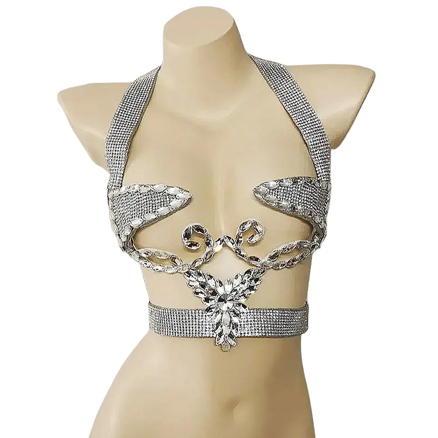 Sparkly Silver Carnival Rhinestone Wire Bra Festival Push-Up Dance Top
