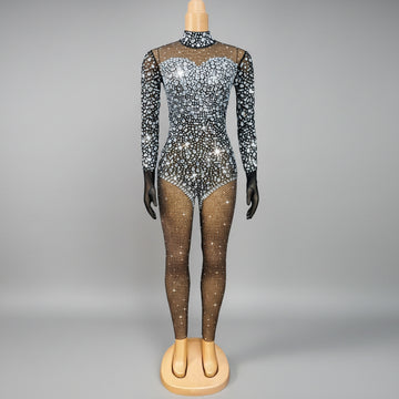 Silver Crystal Black Stocking Jumpsuit Drag Queen Nightclub Performer Catsuit