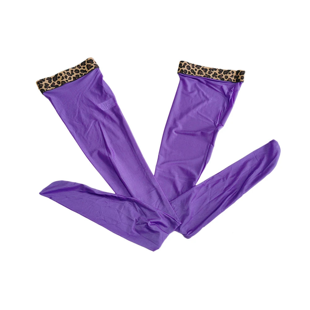 Satin Smooth Oil Shiny Thigh-High Stockings Leopard Print Trim Glossy Tights