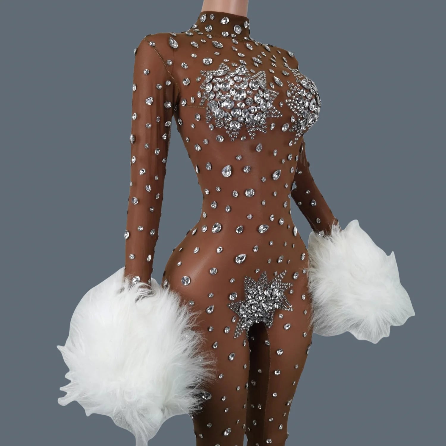 Sparkly Rhinestone & Feather Cuffed Jumpsuit Stage Performance Catsuit Costume