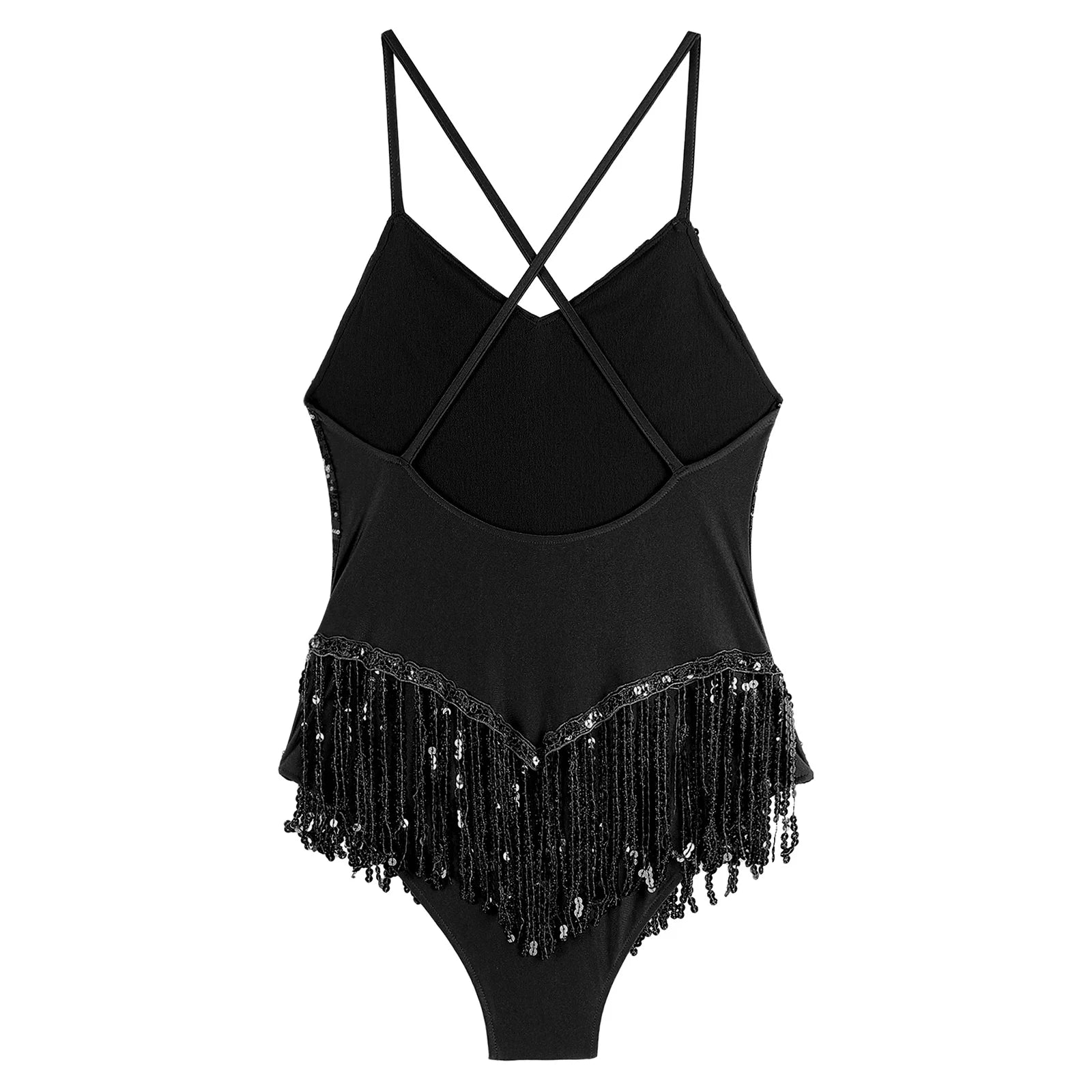 Sequins Fringed Cross Back Latin Dance Leotard Sleeveless V-Neck Bodysuit