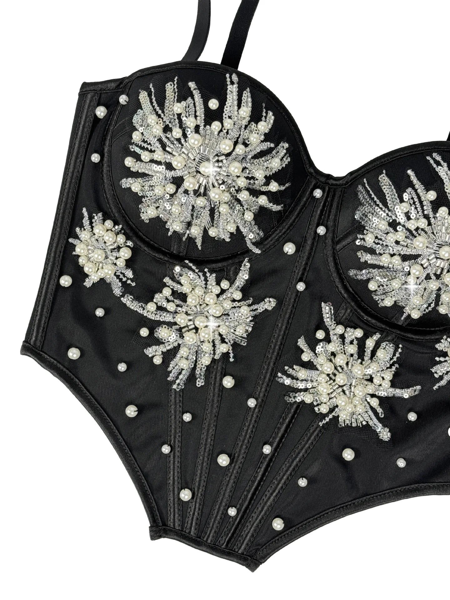 Pearl & Sequin Embroidered Floral Bustier Corset Top Asymmetric Camisole Bralette