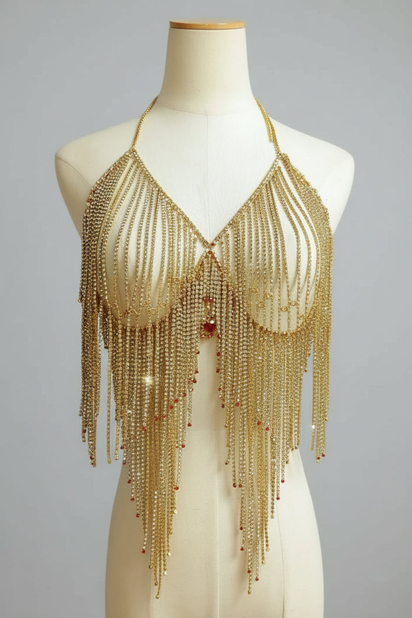 Dazzling Crystal Tassel Bikini Bra Chain & Love Pendant Chest Jewelry