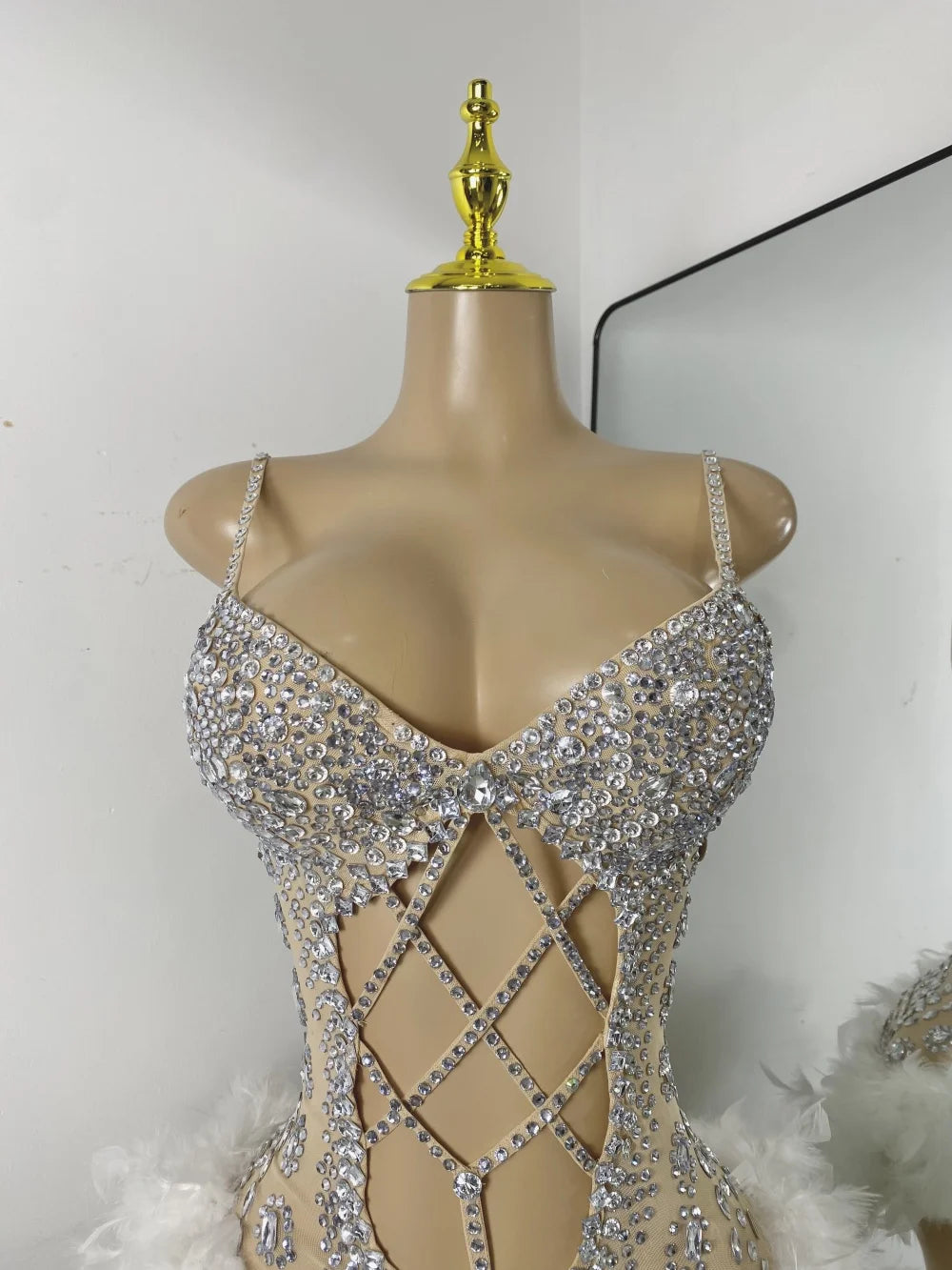 The Stardust Follies Feather Bodysuit – Luxury Rhinestone & Mesh Showgirl Costume