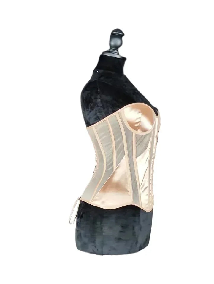 Strapless Breathable Mesh Corset Bustier Built-In Bra Boned Waist Cincher Top