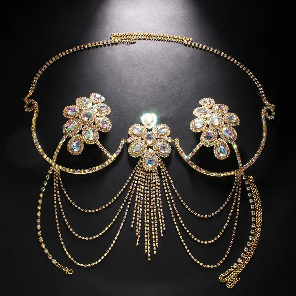 Colorful Rhinestone Flower Bra Chain Top
