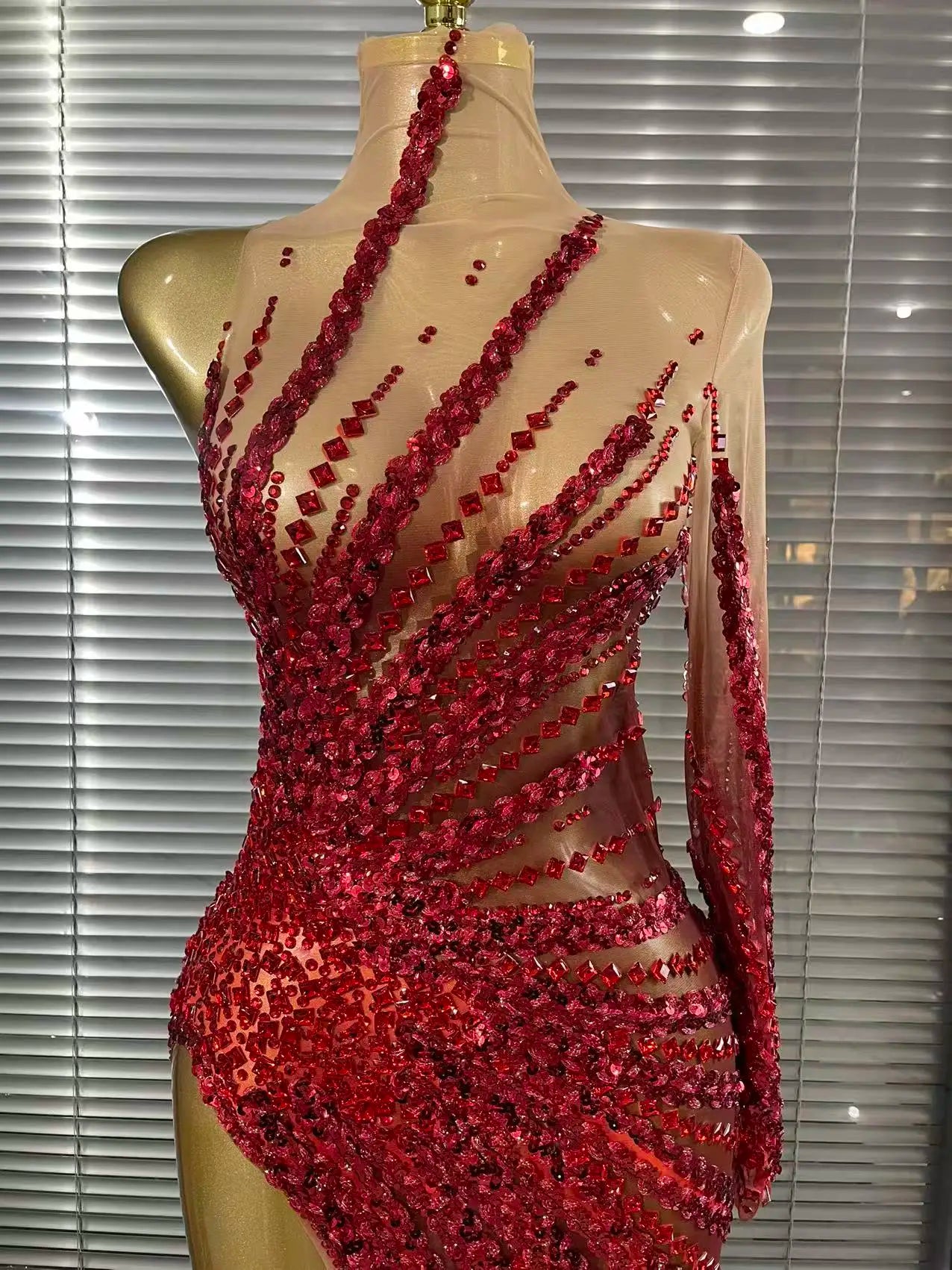 Gold Crystal Illusion Sweetheart Gown High-Slit Mermaid Train Evening Dress