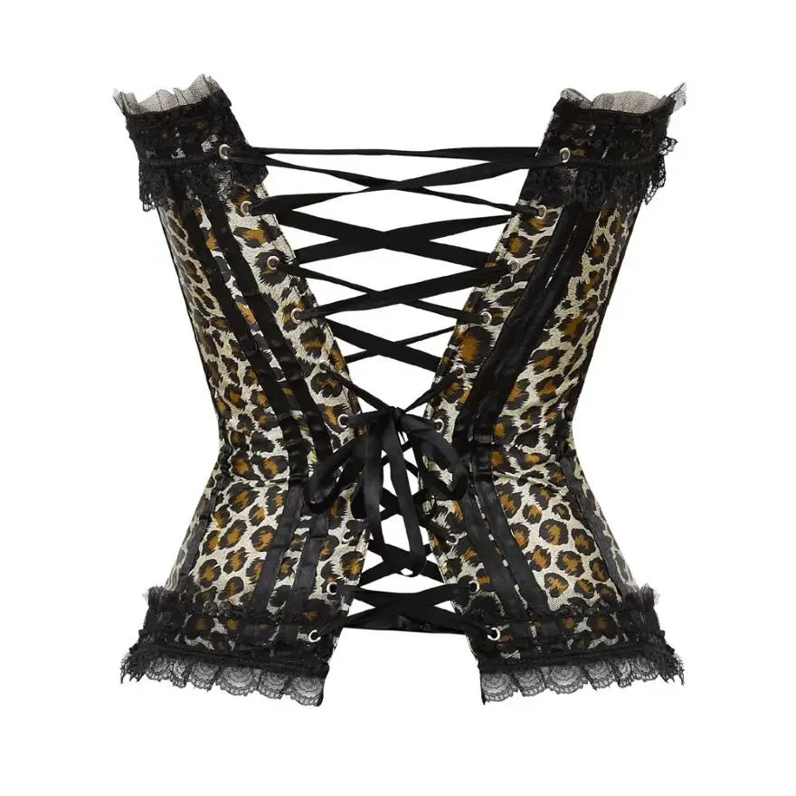 Leopard Satin Overbust Corset Lace Bowknot Clubwear Showgirl Body Shaper