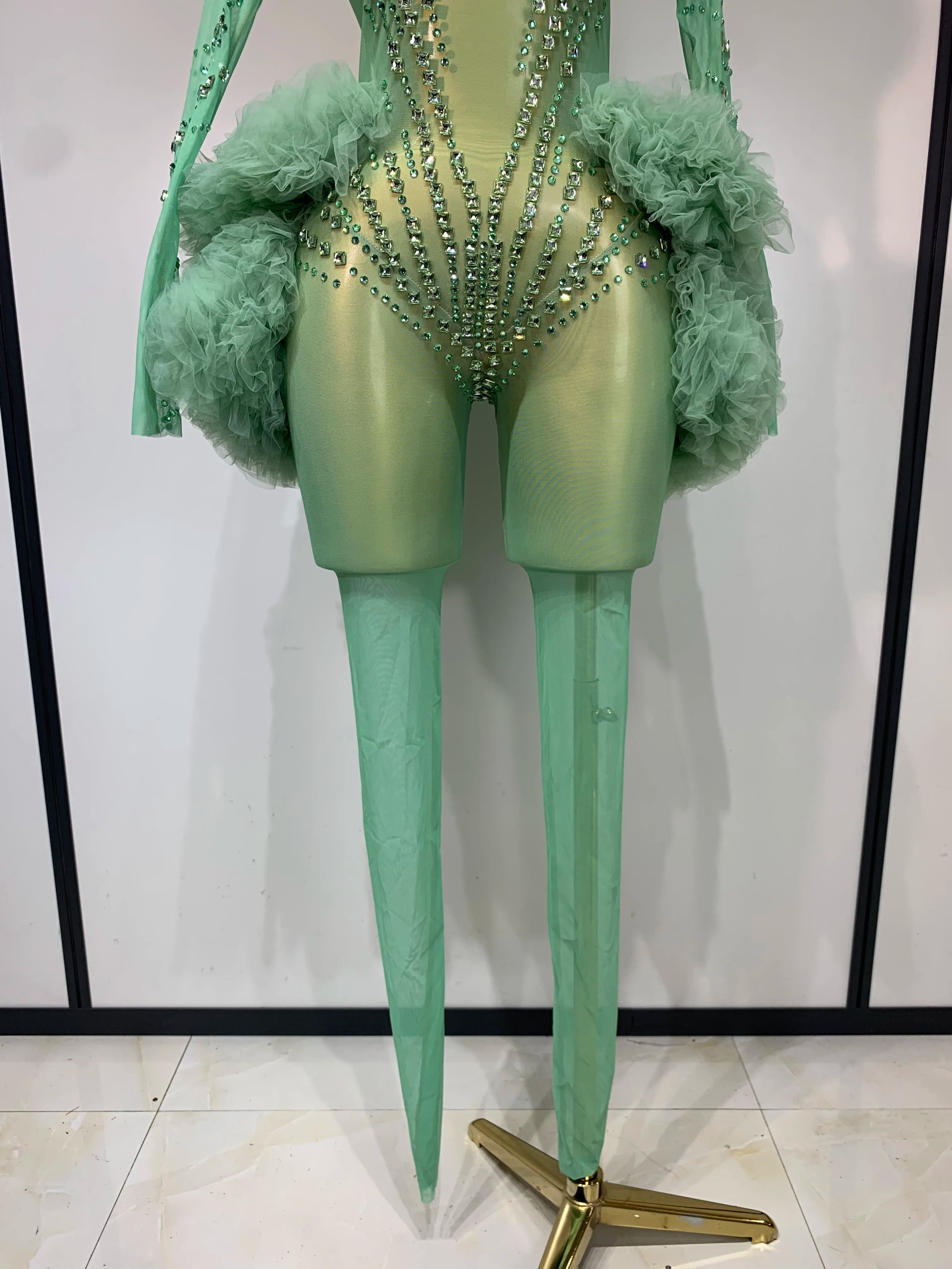 Luxury Green Diamonds Mesh See-Through Long Sleeve Jumpsuit Stage Performance Costume