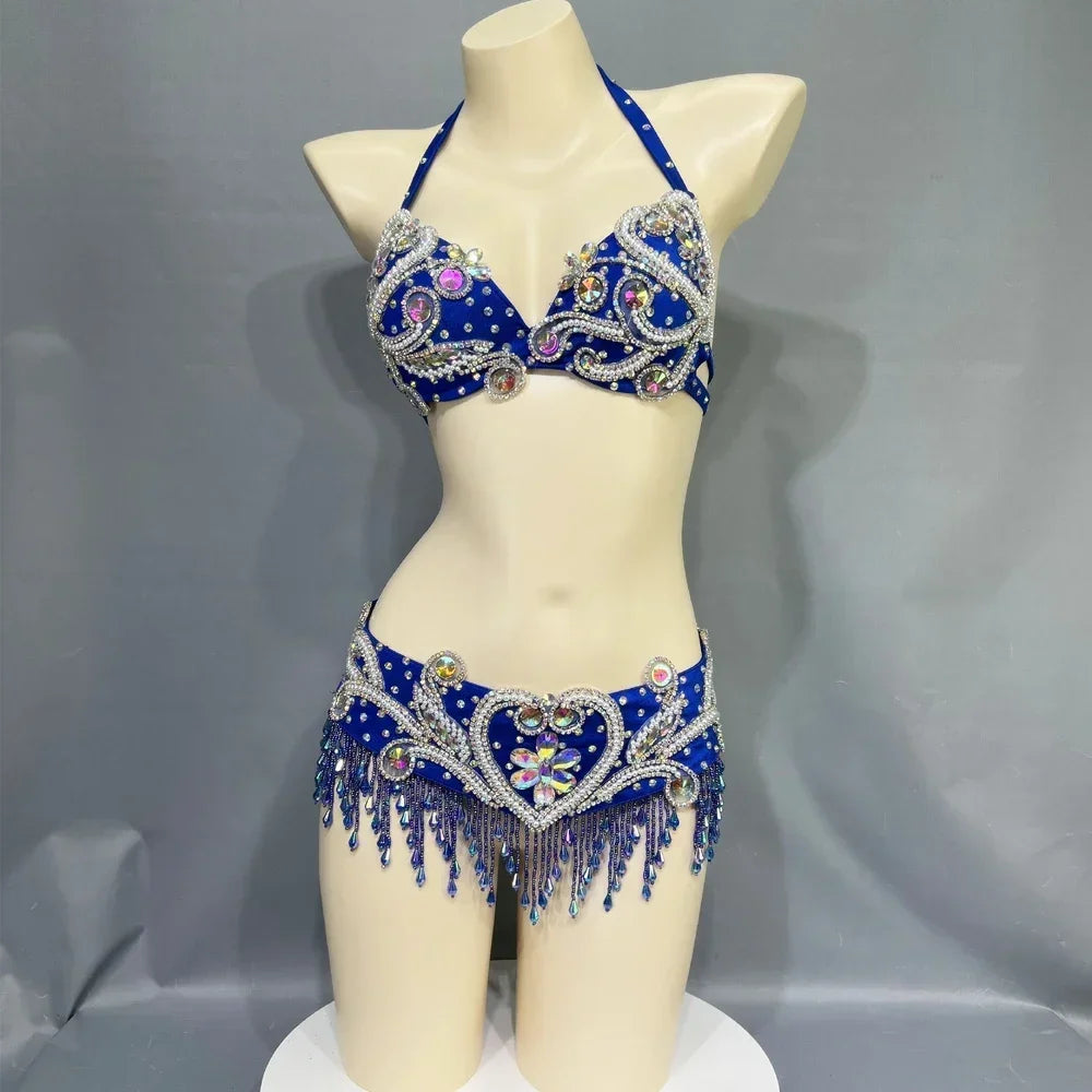 Dazzling Beaded Crystal Belly Dance Bra & Belt 2-Piece Costume Set