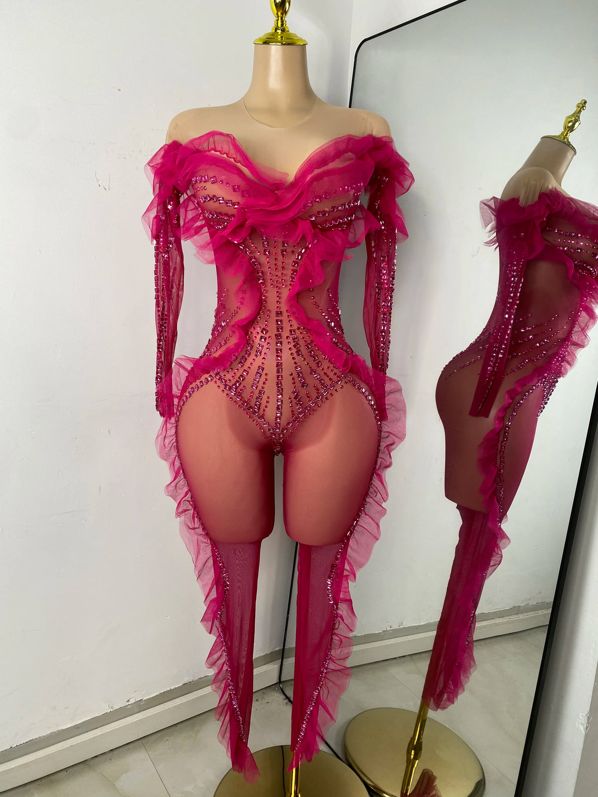 Sparkly Diamonds Women Long Sleeve See Through Mesh Tight Jumpsuit Costume Nightclub Dancer Outfit Performance Stage Wear