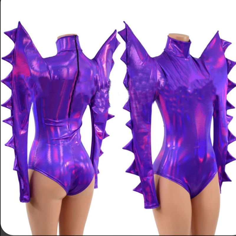 Metallic Armor Bodysuit & Trailing Bustle Skirt 2-Piece Stage Performance Costume Set