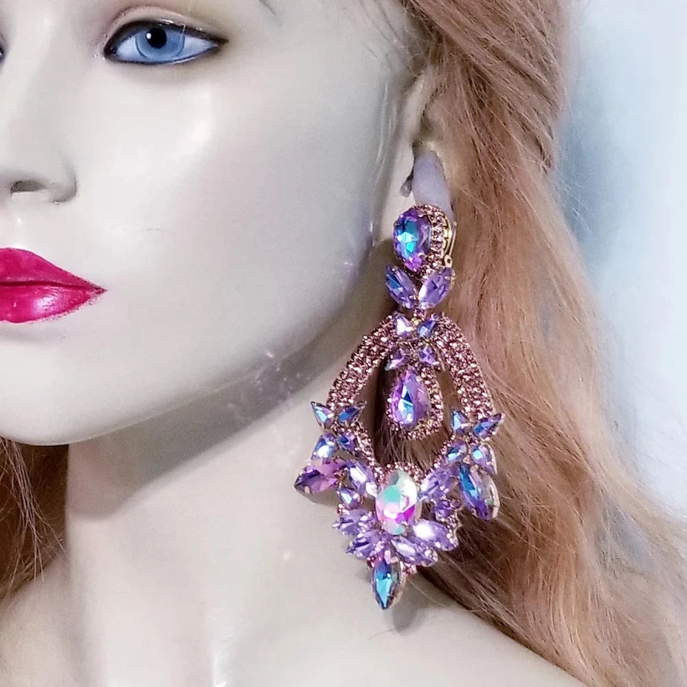Purple Teardrop Rhinestone Statement Earrings