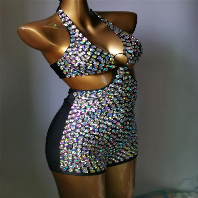 3-Piece Crystal Bra & Mesh Cover-Up Set – Luxury Rhinestone Bikini, Sling Dress & Gauze Skirt Ensemble for Festivals & Beach Clubs