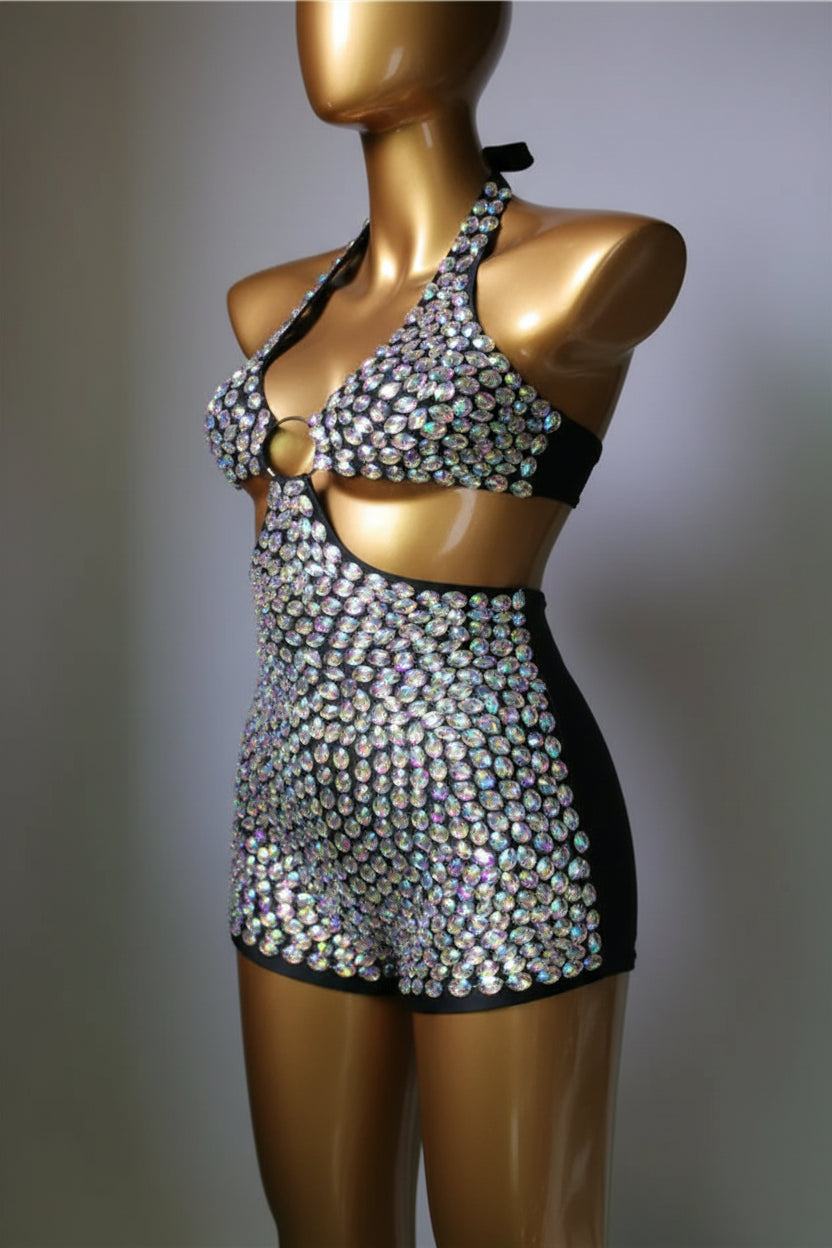 3-Piece Crystal Bra & Mesh Cover-Up Set – Luxury Rhinestone Bikini, Sling Dress & Gauze Skirt Ensemble for Festivals & Beach Clubs