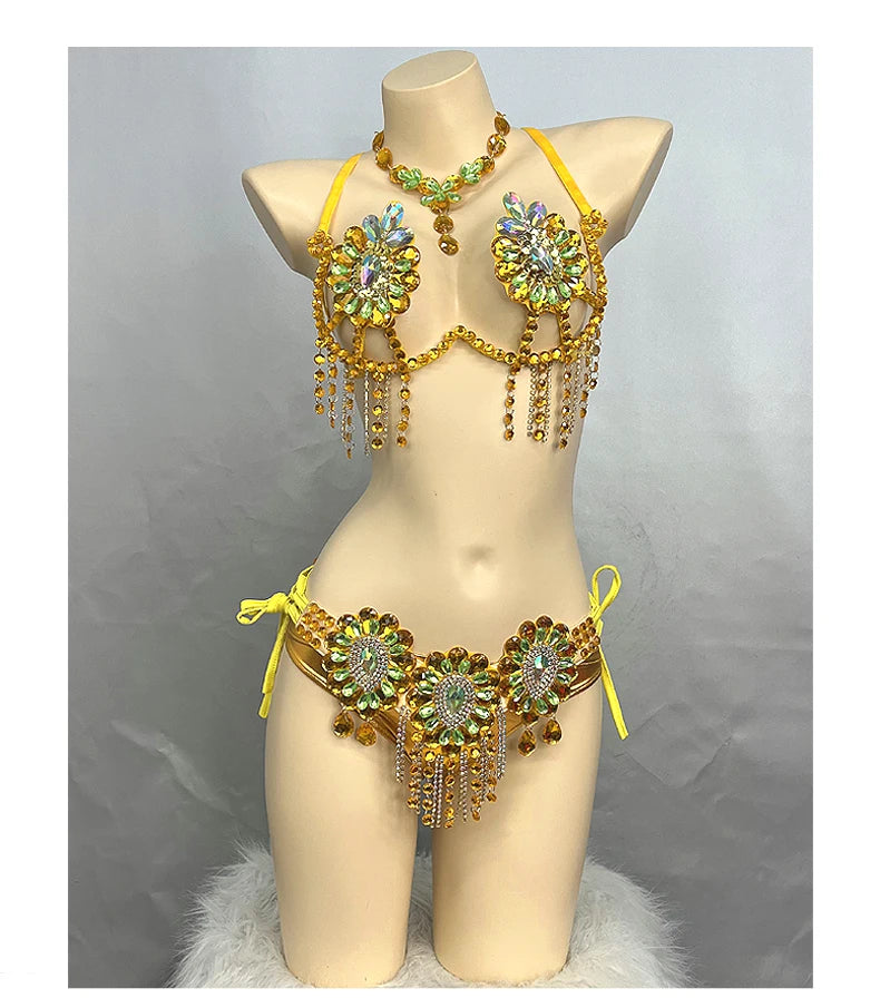 Sparkly Samba Carnival Stone Wire Bra, Belt & Necklace Three-Piece Costume Set