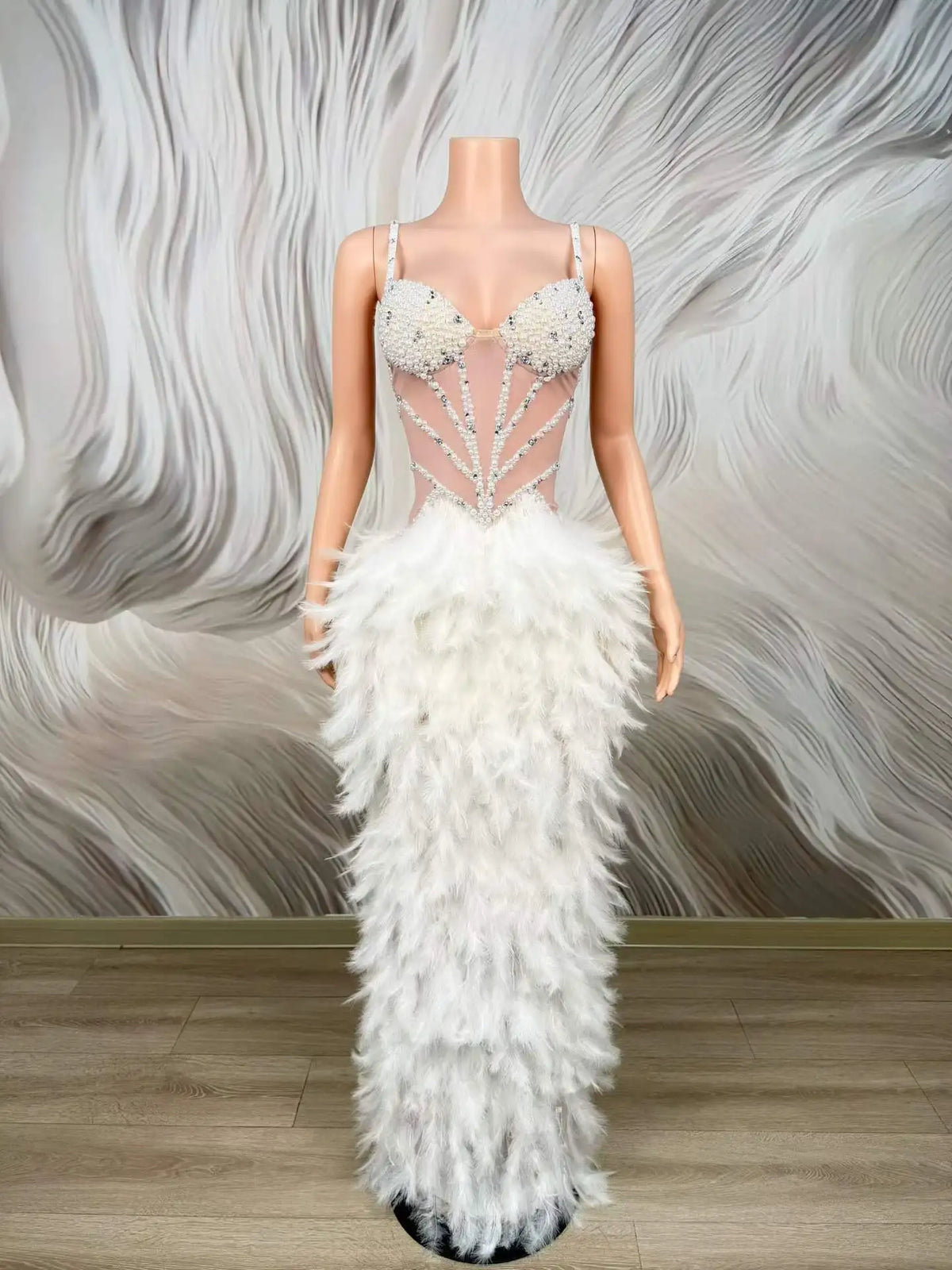 Women's White Pearl Rhinestone Feather Maxi Dress | Sweetheart Spaghetti Strap Gown for Pageant & Stage