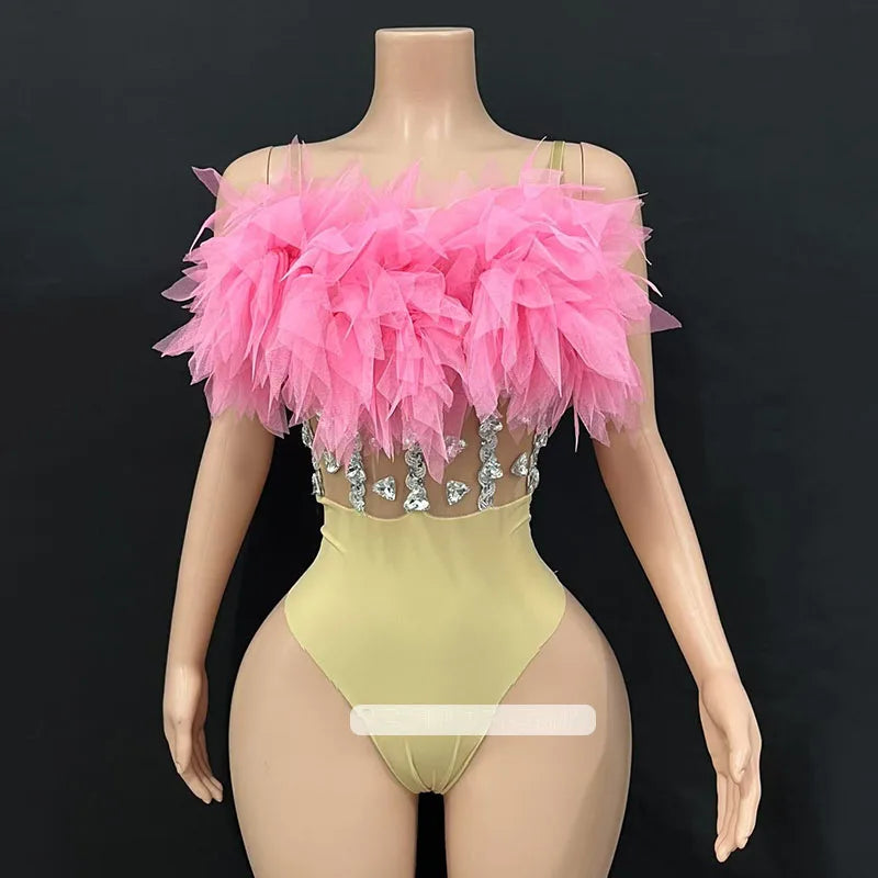 Fluffy Feather & Rhinestone Bodysuit Gogo Stage Performance Costume