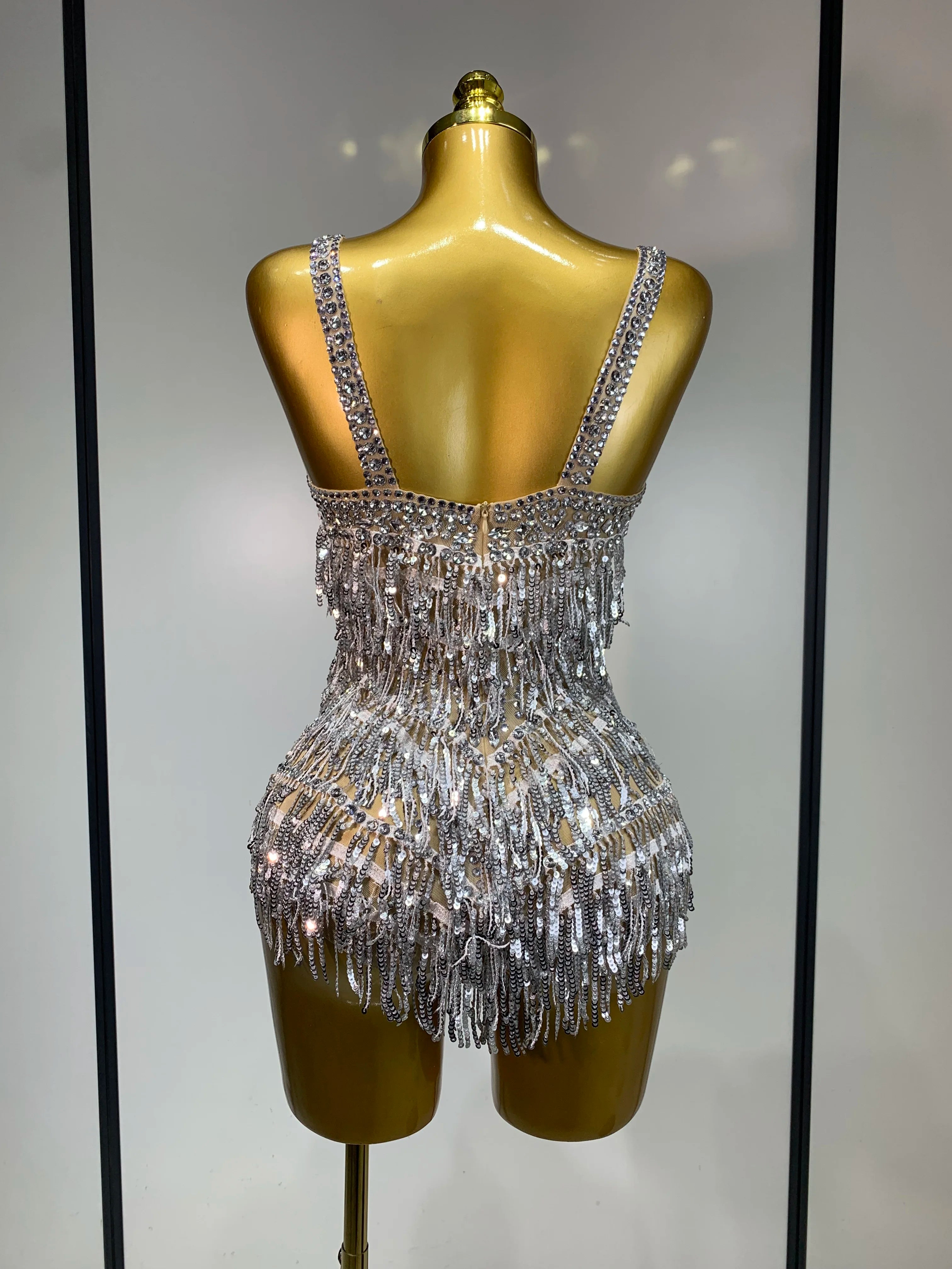 Sparkly Rhinestone Tassel Backless Mesh Bodysuit Luxury Stage Performance Costume