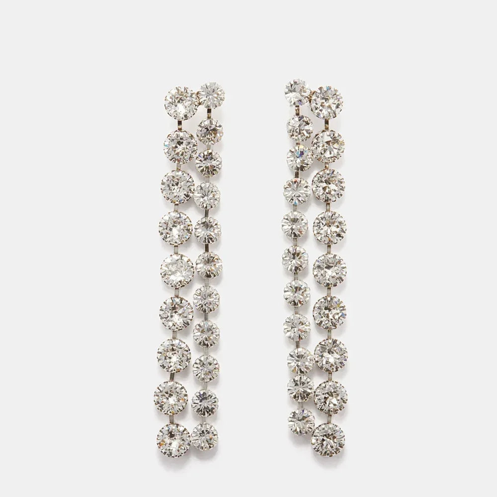 Sparkly Round Crystal Long Tassel Drop Earrings Stage Performance Jewelry
