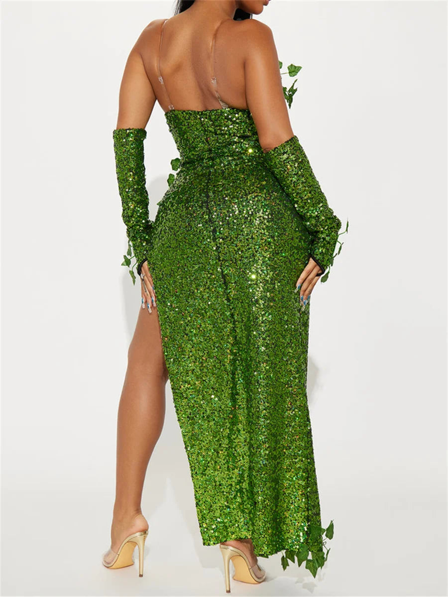 Deluxe Poison Ivy Green Sequin Maxi Gown & Glove Set 3-Piece Halloween Cosplay Costume