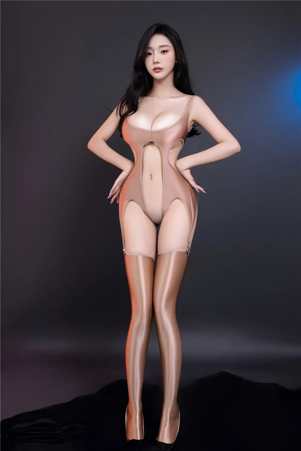Sexy Women Oil Glossy Shiny High Cut Bodysuit Backless Hollow Out Open Crotch Sexy Tights Bandage Elastic Maid Leotard