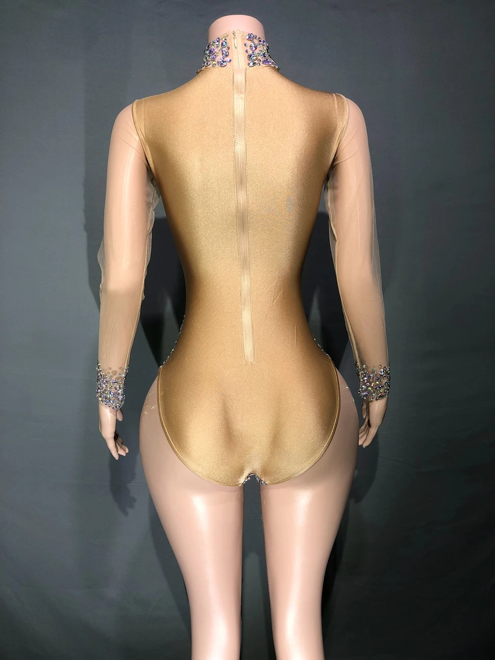 Sparkly AB Rhinestone Sheer Mesh Bodysuit & Stage Performance Costume