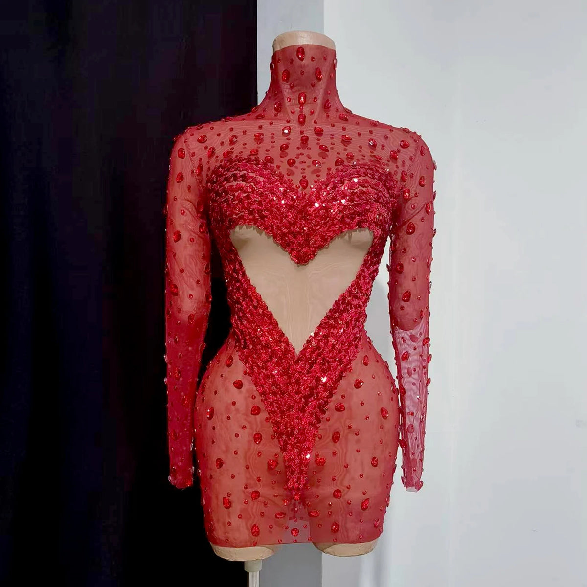 Crystal Rhinestone Mesh Long Sleeve Vintage Inspired Dress with Sequins and Skirt