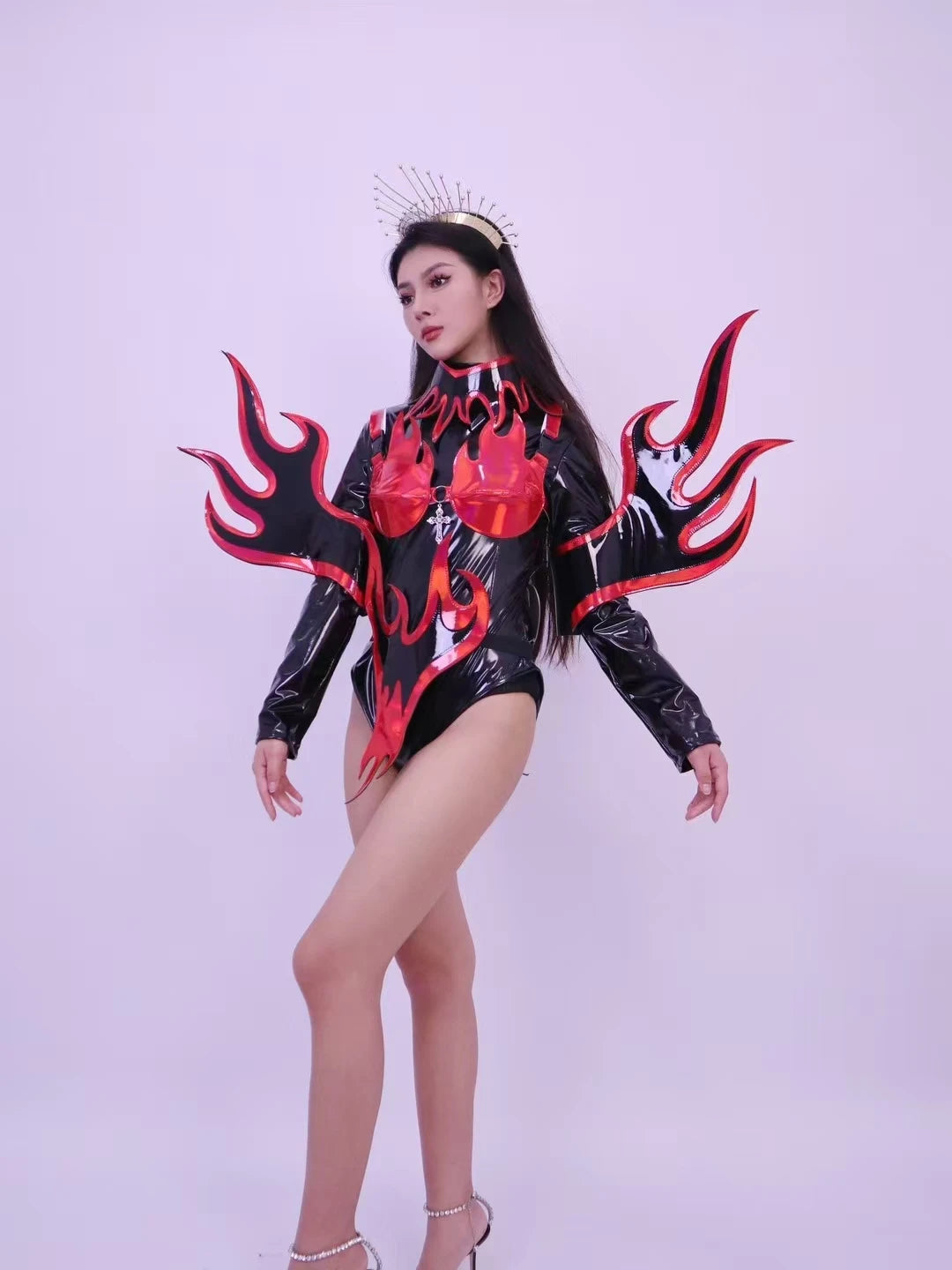 Flame Patent Leather Bodysuit & Sculpted Wing Shoulders 2-Piece Stage Costume Set