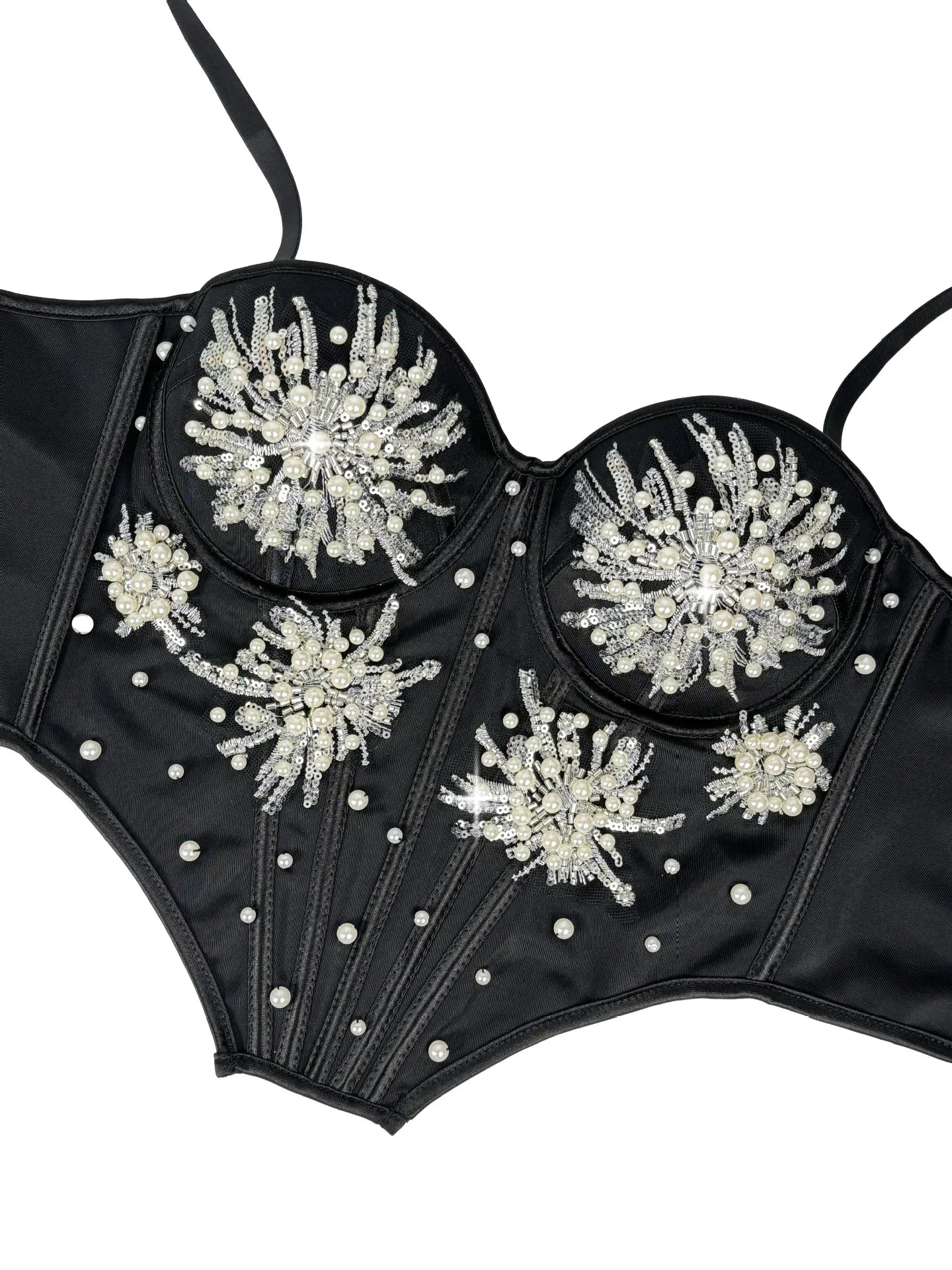 Pearl & Sequin Embroidered Floral Bustier Corset Top Asymmetric Camisole Bralette