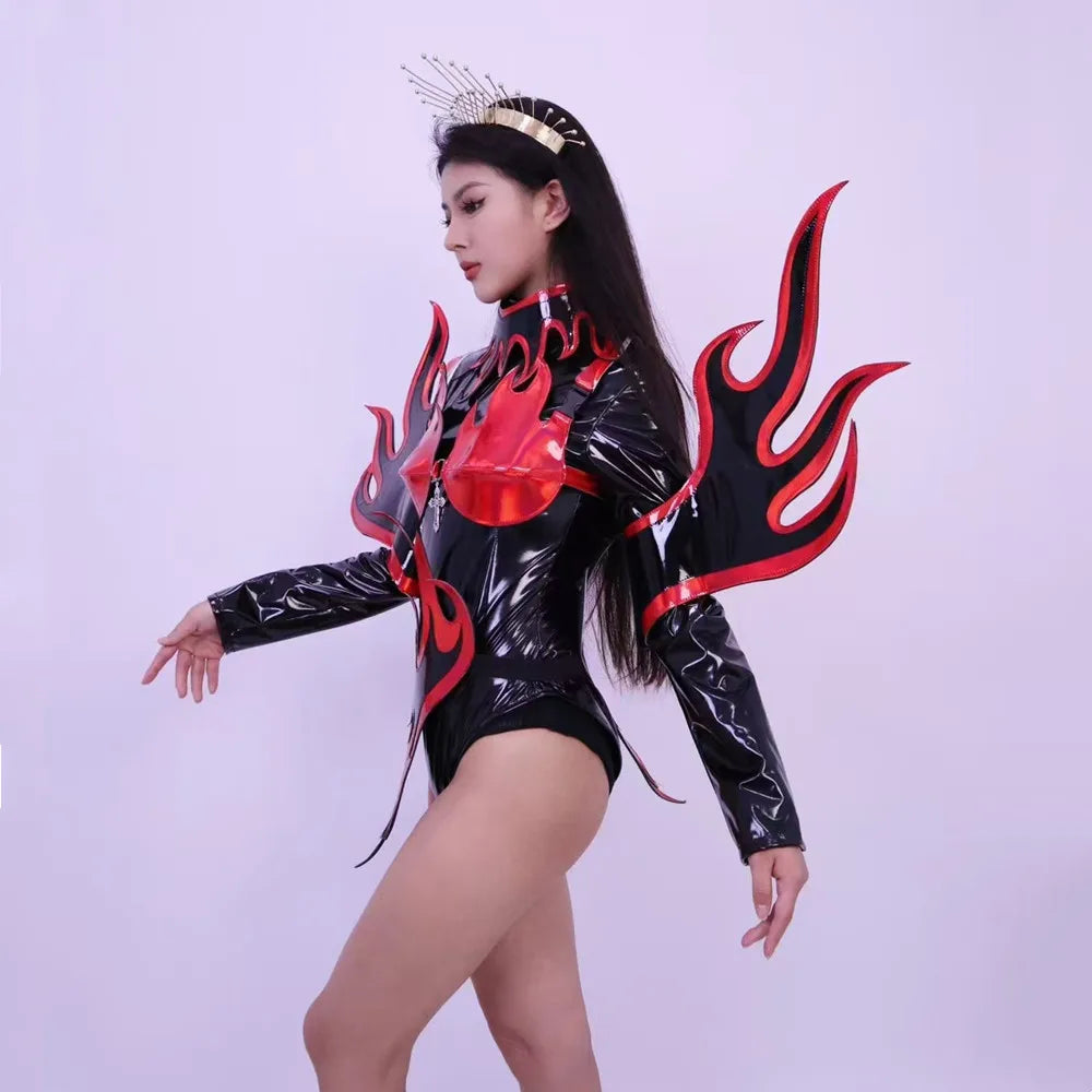 Flame Patent Leather Bodysuit & Sculpted Wing Shoulders 2-Piece Stage Costume Set