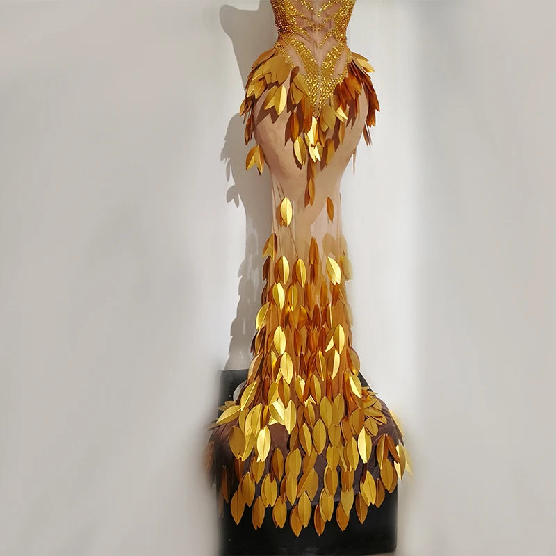 Gold Rhinestone Diamond Leaf Mesh Strapless Long Stage Gown Costume