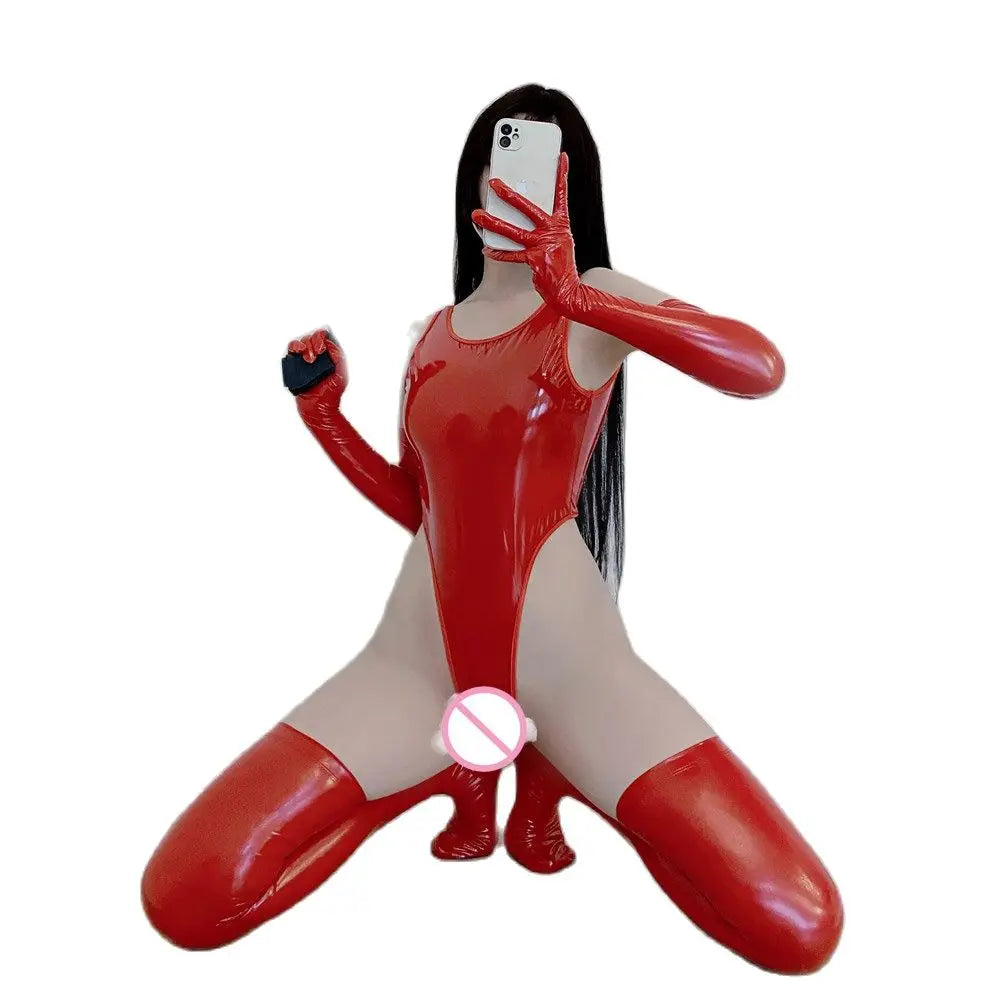 PVC Shiny High Cut Bodysuit Latex PU Faux Leather Open Crotch Sexy Tight Club Wear Elastic Leotard Backless One Piece Thong