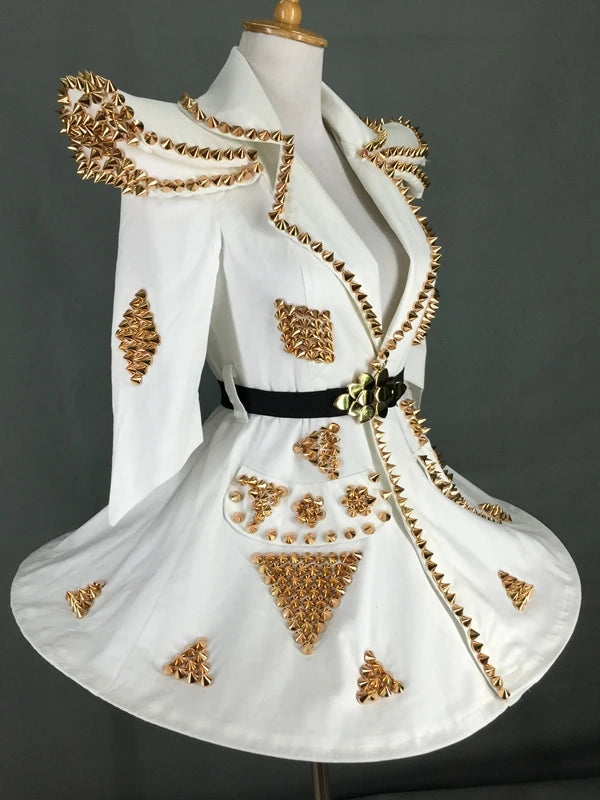 White Faux Leather Studded Stage Dress & Fluffy Skirt Pop Singer Costume Set