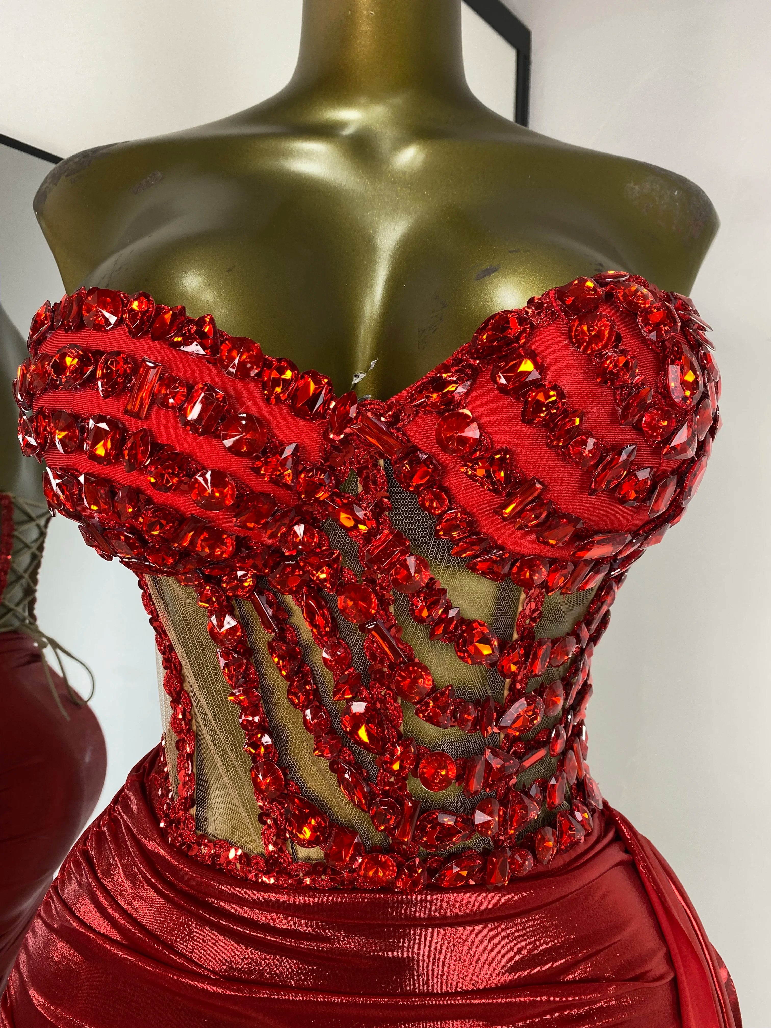 Rhinestone Tube Bustier Corset Top & Bronzing Mini Skirt 2-Piece Performance Set